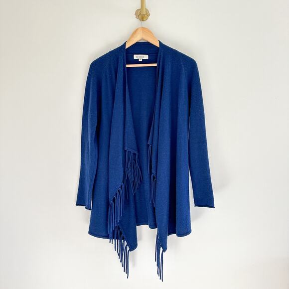Kinross Cashmere Open Front Fringe Long Sleeve Draped Cardigan Sweater Blue XS - Picture 1 of 7